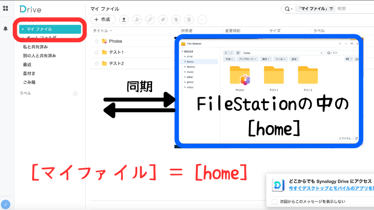 SynologyDriveアプリを開いた画面